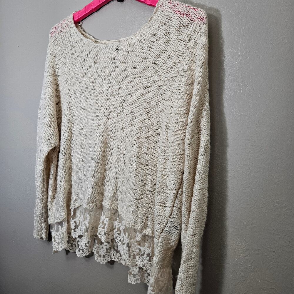 Boho SignatureStudio Neutral Beige OpenKnit LaceTrim Sweater M Cottage Fairy Y2K